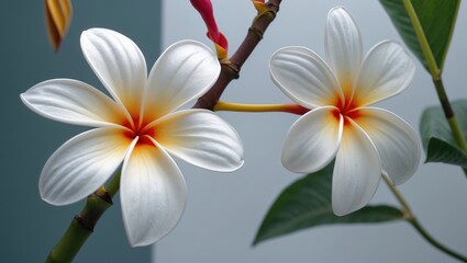Fototapeta premium Close-up of two white plumeria flowers with orange and yellow accents, green leaves in the background, with copy space for text.