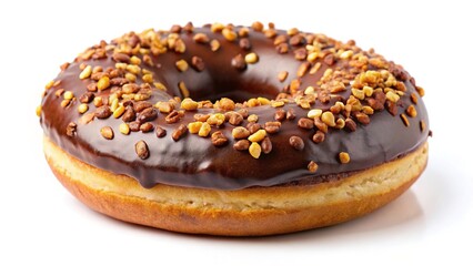 AI-created image of a solitary chocolate donut, topped with nuts.  White background.