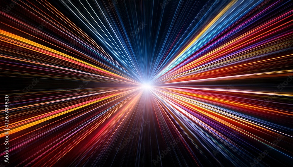 Poster abstract dark background of light with stripes of colourful rays moving from the center. generated i