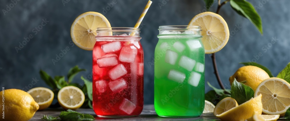 Poster colorful refreshing drinks in mason jars with ice and lemon slices on dark background with fresh lem