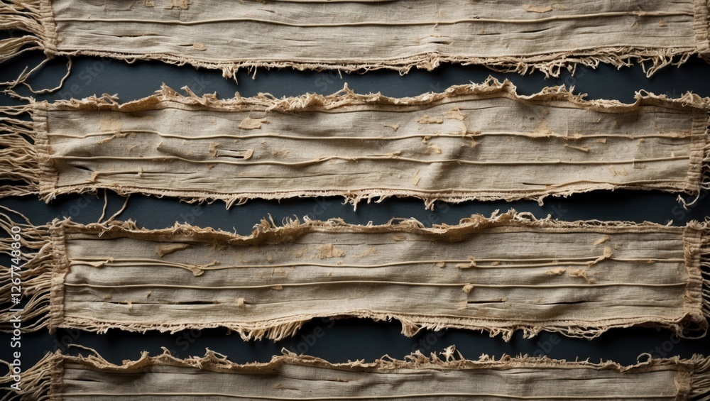 Poster textured vintage fabric strips with frayed edges arranged in parallel on a dark background displayin