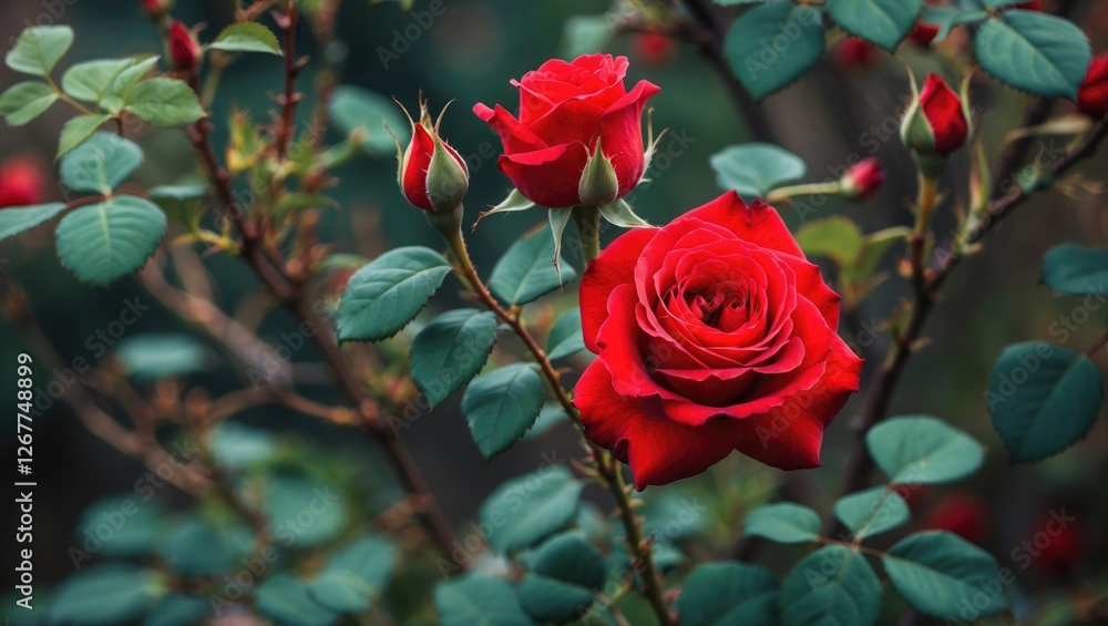 Poster red roses on a bush with green leaves in a garden setting with soft focus background and copy space 