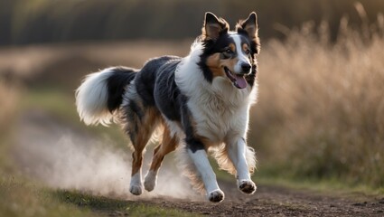 Running collie dog emerging from a dirt path surrounded by tall grass during golden hour lighting with copy space