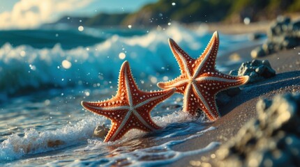 Two starfish on a sandy beach near the ocean with waves splashing in the background and rocks scattered around, Copy Space