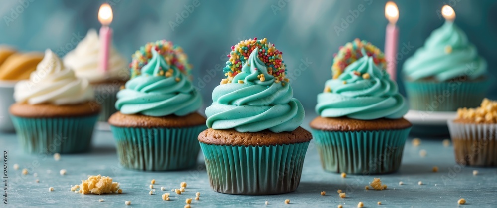 Sticker Colorful cupcakes with aqua frosting and sprinkles on a blue background with birthday candles and scattered crumbs Copy Space