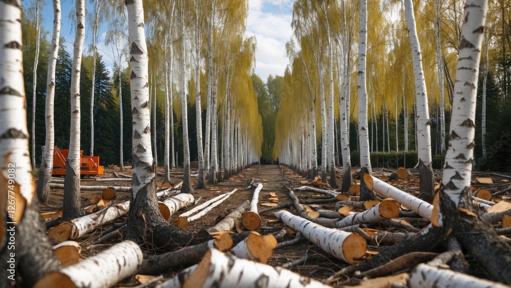 Poster lined birch trees with fallen logs in a forest scene under a blue sky with yellow foliage and clear 