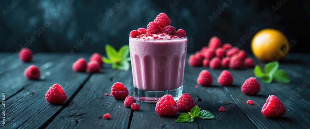 Aufkleber raspberry smoothie in a glass topped with fresh raspberries on a dark wooden table with scattered be