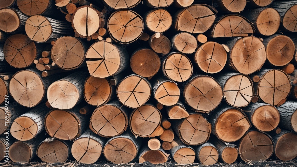 Aufkleber stacked logs with visible cross-sections showcasing wood grain and natural patterns with copy space 