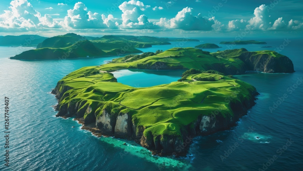Poster aerial view of a green island surrounded by turquoise waters and clouds in the sky with copy space f