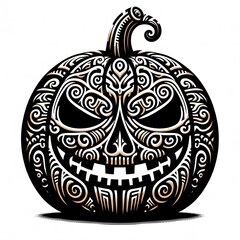 Fototapeta premium AI Generate of highly detailed black and white Halloween Pumpkin Jack-o-lantern with intricate swirling and nature element, symmetrical design blends gothic, vintage, and Halloween aesthetics, isolate