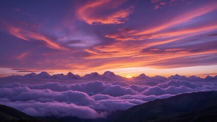 Dramatic sunset over mountain peaks with colorful clouds and mist illuminated by golden light Copy Space