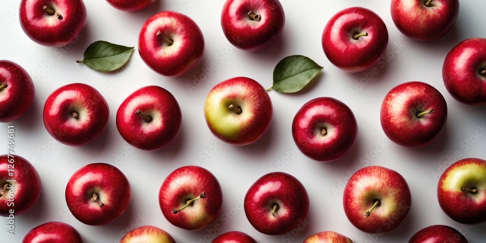 Aufkleber red apples arranged in a pattern on a white background with green leaves copy space