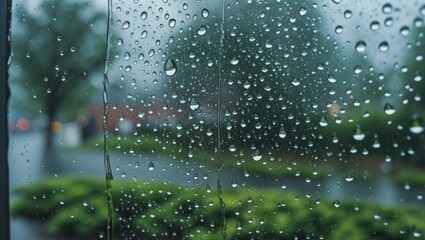 Rain droplets on a window with a blurred green landscape and trees in the background captured during a rainy day with Copy Space