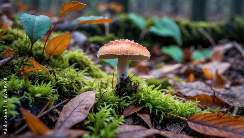 Poster mushroom with orange cap surrounded by wet moss and fallen leaves in forest setting with atmospheric