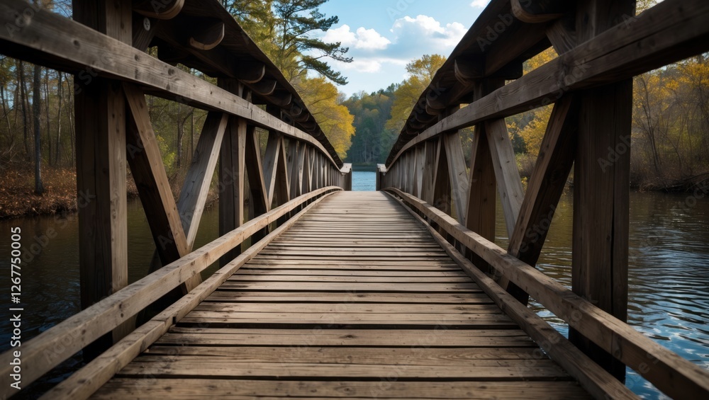 Poster wooden bridge extending over calm waters with trees and clouds in the background, featuring natural 