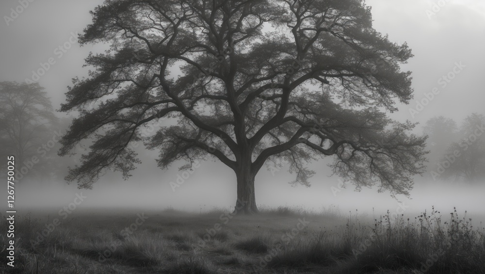 Poster lonely silhouette of a large tree in a misty landscape with ethereal fog and soft grass in a monochr