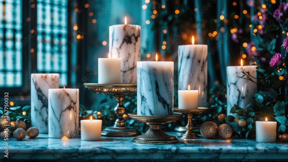 Poster marble candles with warm light arranged on a table surrounded by greenery and decorative elements in