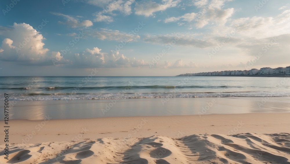 Poster serene beach landscape featuring soft waves and sandy shore under a cloudy sky with distant building