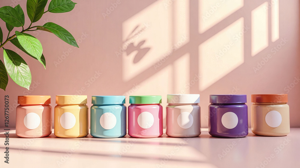 Aufkleber a row of colorful bottles with the bottles are arranged on a table with a potted plant in the backgr