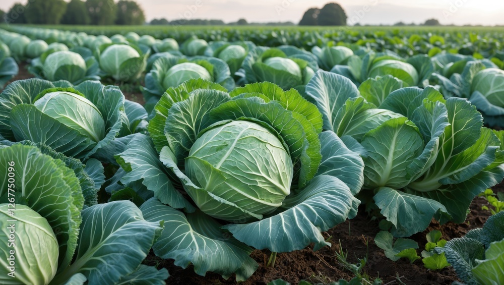 Aufkleber cabbage field with large green heads of cabbage growing in rows under a clear sky with soft lighting