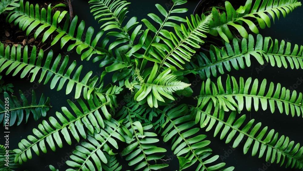 Poster lush green fern leaves arranged symmetrically on dark background with ample copy space for text plac