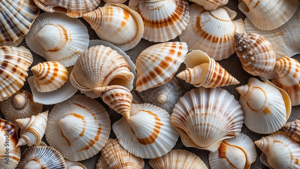 Poster collection of various seashells with spiral and ruffled edges on sand background providing natural t