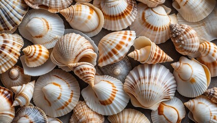 Collection of Various Seashells with Spiral and Ruffled Edges on Sand Background Providing Natural Textures and Patterns Copy Space