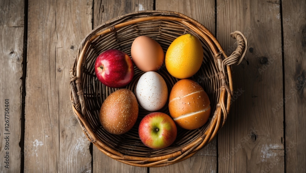 Poster basket with a variety of eggs and apples on a wooden surface with copy space for text placement