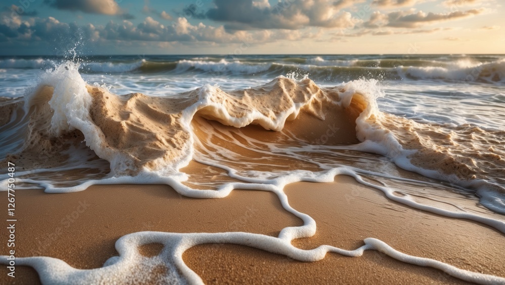 Wall mural Waves crashing on a sandy beach at sunset with foamy water and clouds in the sky Copy Space