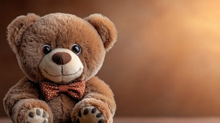 Obraz premium Teddy bear sitting, soft focus brown background, children's toy
