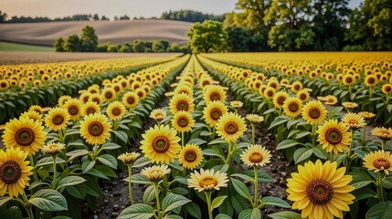Obraz premium A field of yellow sunflowers with a clear blue sky in the background. The sunflowers are in full bloom and the sky is bright and sunny