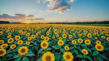 Obraz premium A field of yellow sunflowers with a clear blue sky in the background. The sunflowers are in full bloom and the sky is bright and sunny