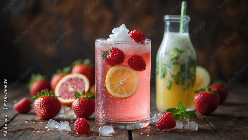 Poster refreshing fruit cocktail with raspberries and lemon garnish on rustic wooden surface with additiona