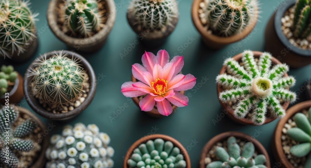 Aufkleber assorted cacti and succulents in pots with a blooming pink flower on a green background and ample co