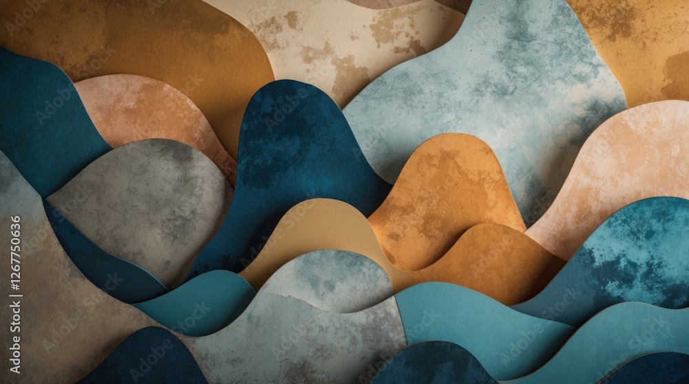 Poster colorful abstract waves texture with layered shapes in earthy tones and pastel colors suitable for b