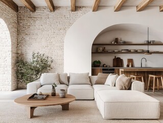 Mediterraneanstyle twostory container home with warm wooden tones, arched interiors, and rustic decor