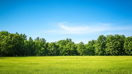 Fototapeta premium Lush green field bordered by a dense forest under a clear blue sky