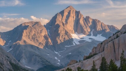 Majestic mountain peak with rugged terrain and glacial features illuminated by sunset in a natural landscape with clear sky and foreground trees Copy Space
