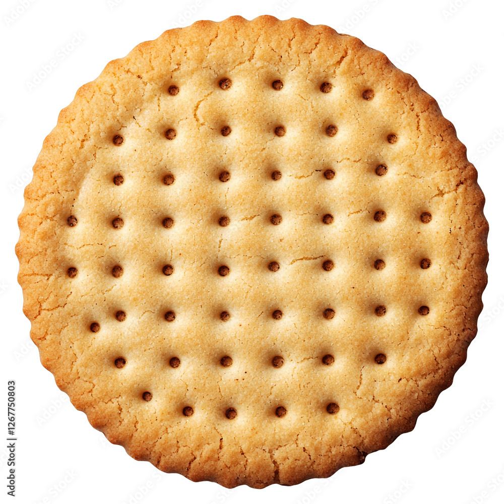 Poster top view of golden round biscuit with perforated pattern on transparent backdrop