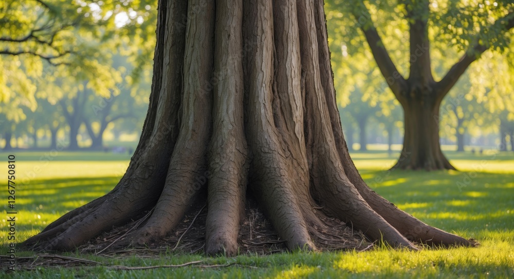 Aufkleber large tree trunk with extensive roots in a green park setting with sunlight filtering through leaves