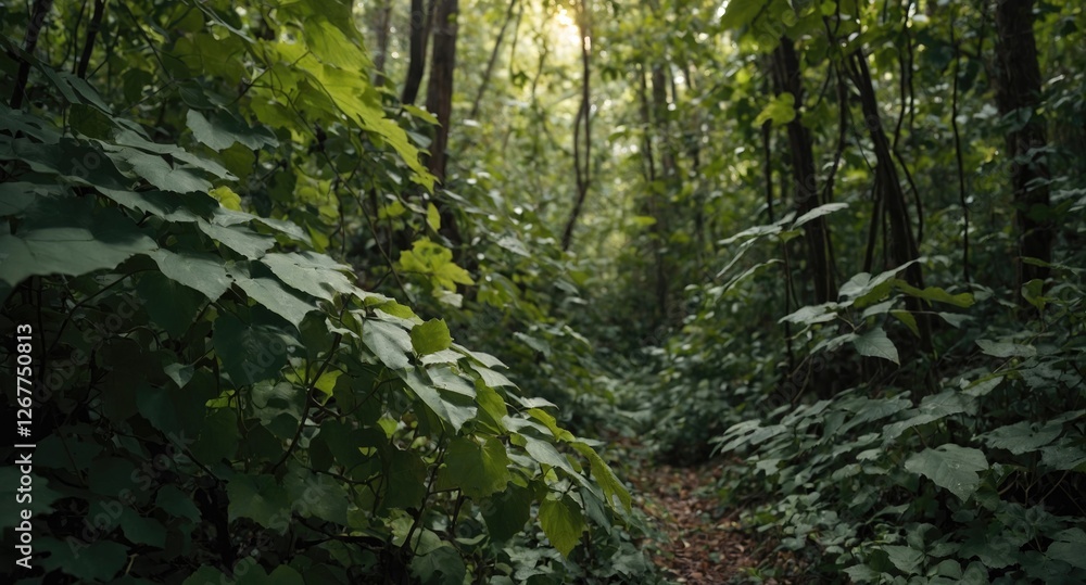 Poster forest pathway surrounded by lush green foliage and trees with soft light filtering through leaves c