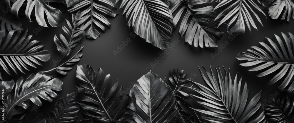 Poster black tropical leaves arranged on a dark background with ample space for text and design elements co