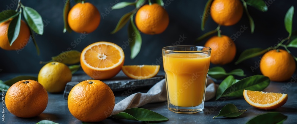 Poster fresh oranges and orange juice on a table surrounded by whole and sliced oranges with green leaves a