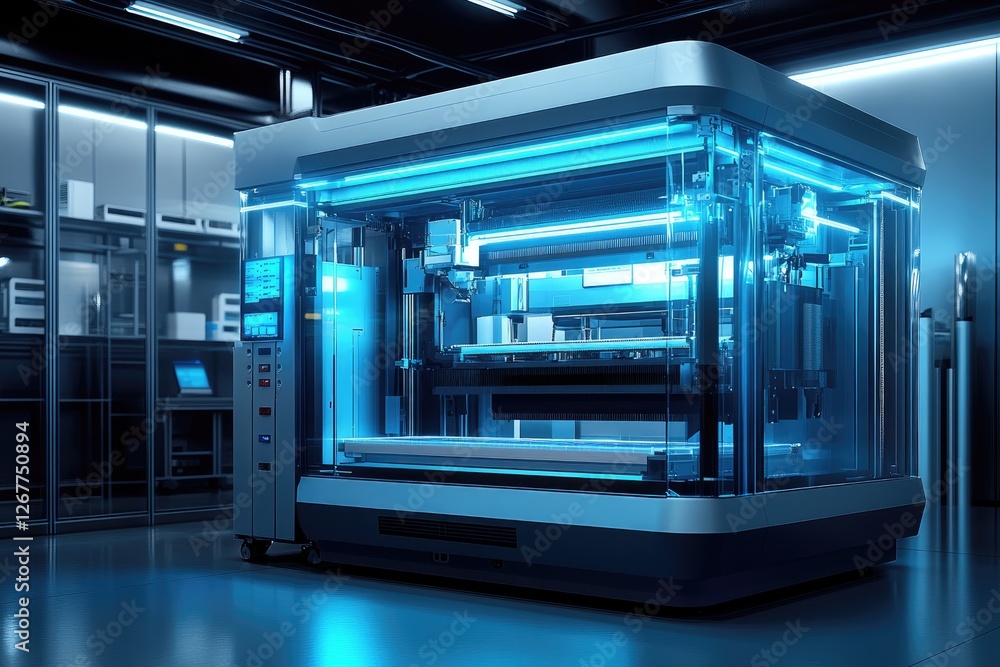 Fototapete Futuristic 3d printer creating objects in modern laboratory