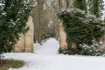 Ruins in the Krumker Castle Park near Osterburg in winter 