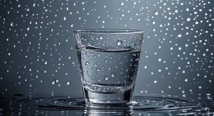 Glass of water with droplets on surface and water ripples on dark background space for text