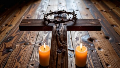 Wooden cross with crown of thorns and candles, spiritual reflection