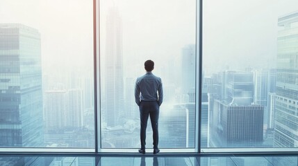 Fototapeta premium <Businessman in Urban Office Contemplating Success with Foggy Cityscape View Through Tall Windows>