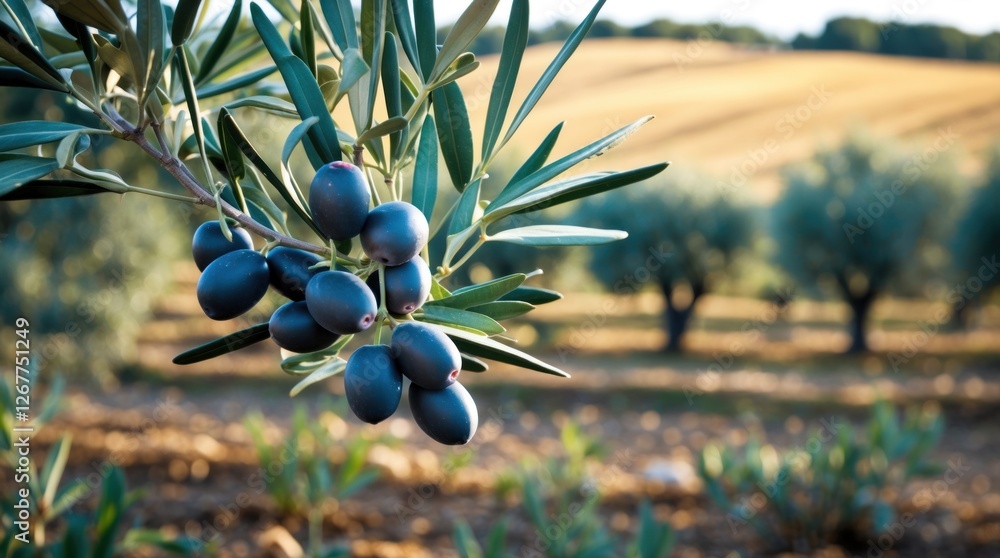 Poster close-up of fresh black olives on olive tree branch with blurred field background and sunlight illum