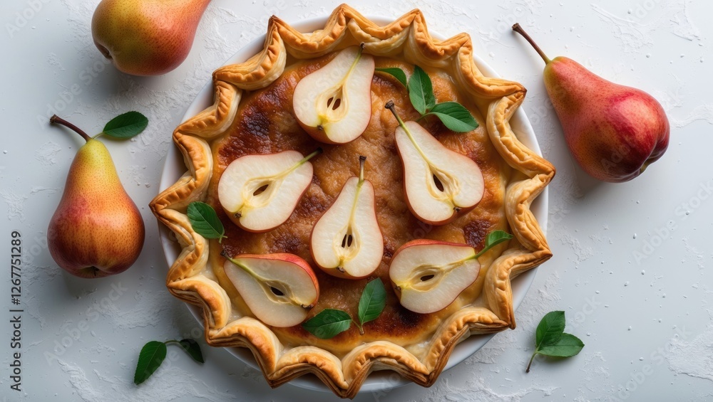 Aufkleber pear pie with sliced pears on top surrounded by fresh pears and green leaves on a light background w